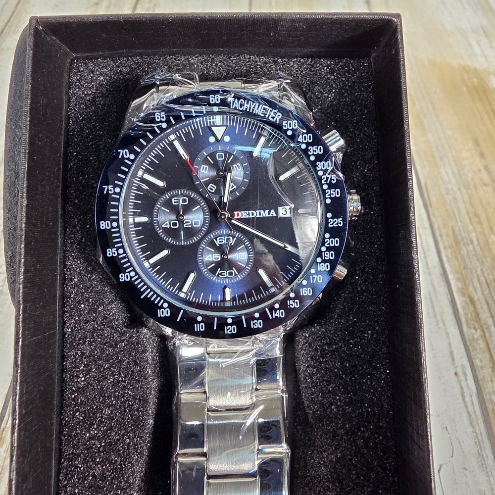 Dedima Mens Chronograph Watch Black Dial Silver Stainless Steel Link Band New